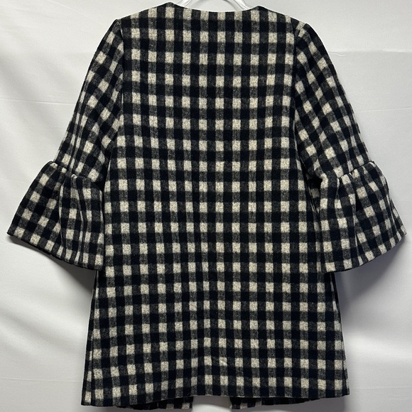 Lipslide Women’s Gingham Check No-Collar Coat Black White Ruffle Bell Sleeves M - Picture 3 of 3